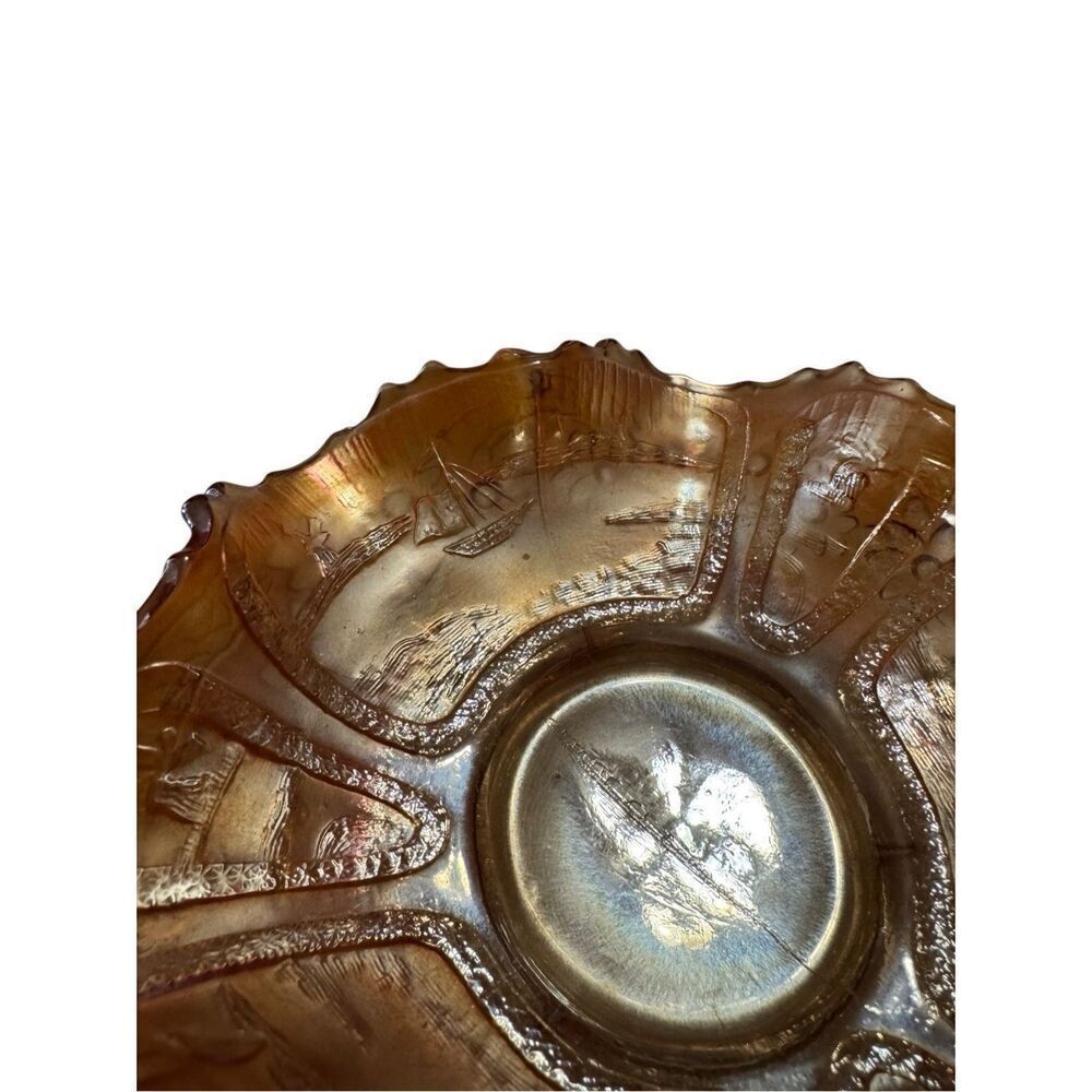 FENTON Sailboat Windmill & Orange Tree Carnival Glass Ruffled Rim Bowl 6.25"W - Picture 4 of 11
